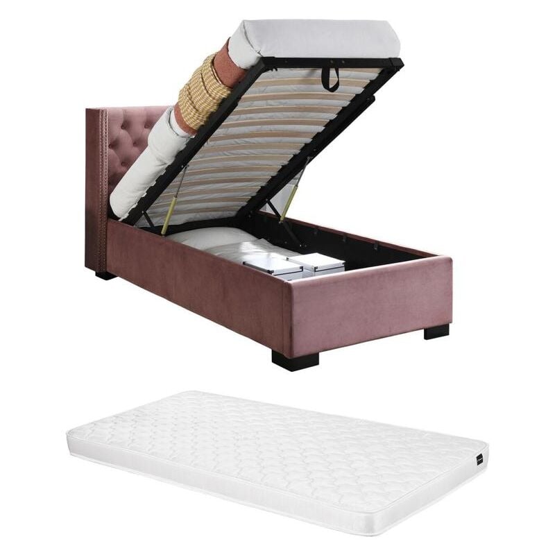 Vente-unique - Lit coffre 90 x 200 cm avec tête de lit capitonnée - Velours - Rose + Matelas - massimo