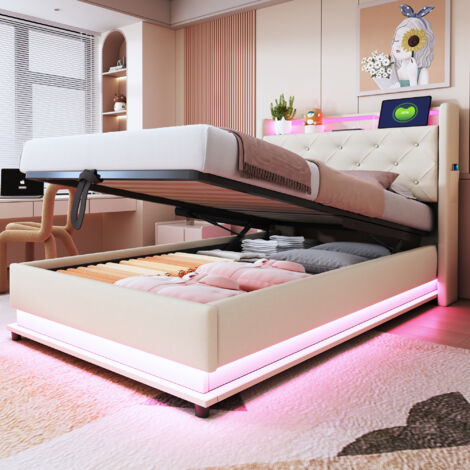 Lit coffre 90 x 200 cm, lit simple avec lumières changeantes de couleur et tête de lit pliable avec prise USB, tissu en lin, beige