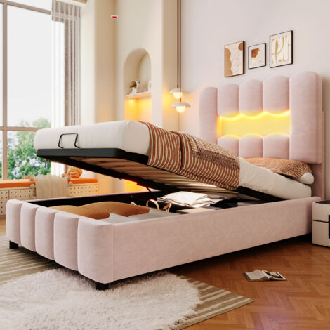Lit Coffre 90×200 cm, Lit Simple avec LED, Rangement Hydraulique et Tête de Lit Réglable, sans Matelas, Velours, Rose