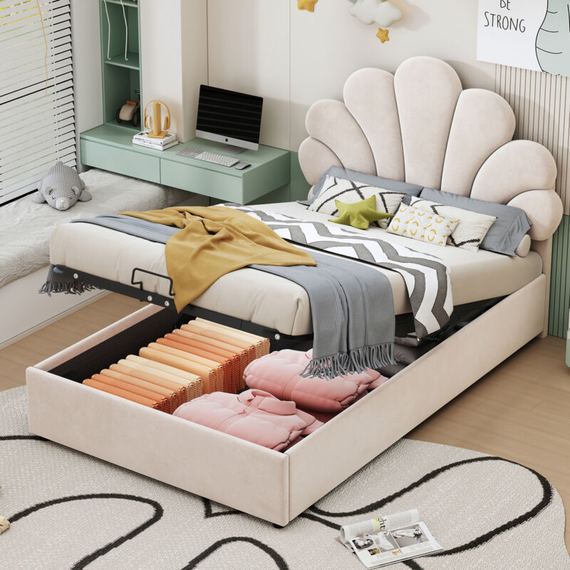 Modenvie Polsterbett 90x200 Kinderbett Mit Hydraulischem Stauraum, bettgestell Mit Kopfteil In Blumenform, jugendbett Mit Lattenrost, ohne Matratze, beige