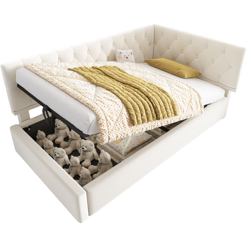 Lit Coffre 90x190 Cm Avec Rangement Hydraulique Tissu Velours Beige