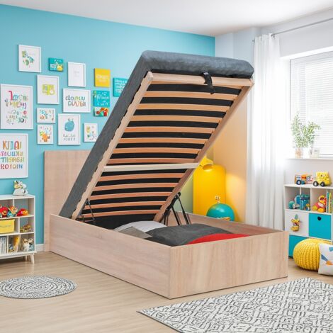 Lit coffre 90x190 cm avec sommier à lattes multiplis – Décor chêne blanchi – Dimensions totales 196x102x85 cm – Rangement optimisé – Weber Industries
