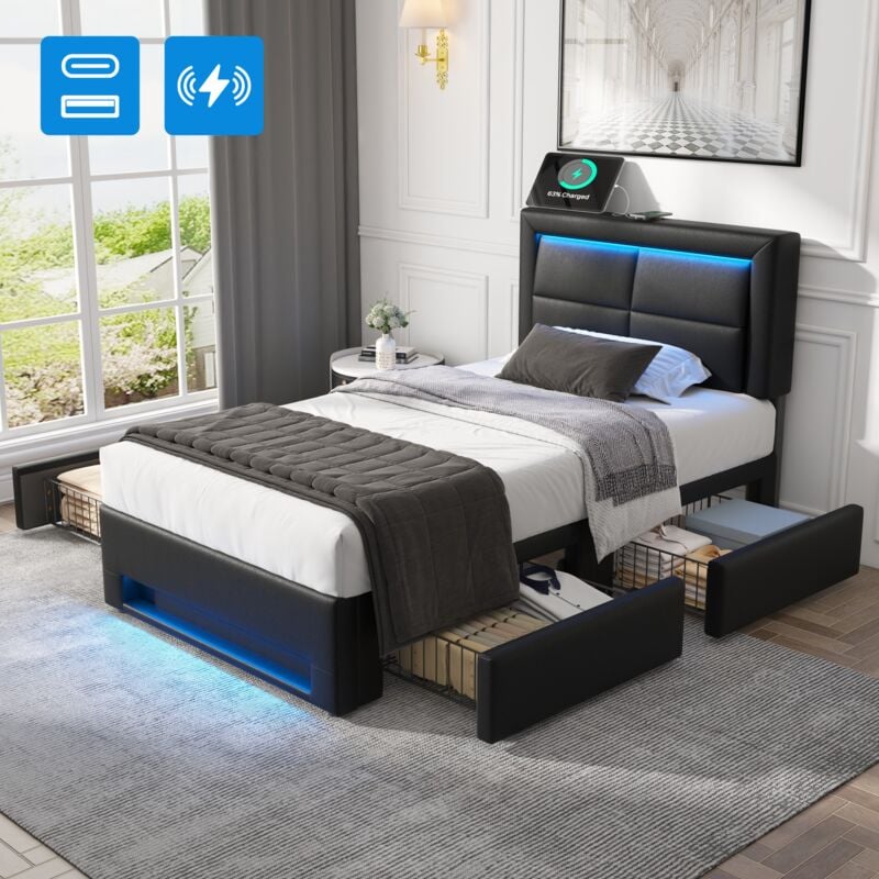 Lit 90x190 cm, lit adulte rembourré, 4 tiroirs, LED, interface USB (sans fil et filaire), lit avec tiroirs, sans matelas, PU, noir