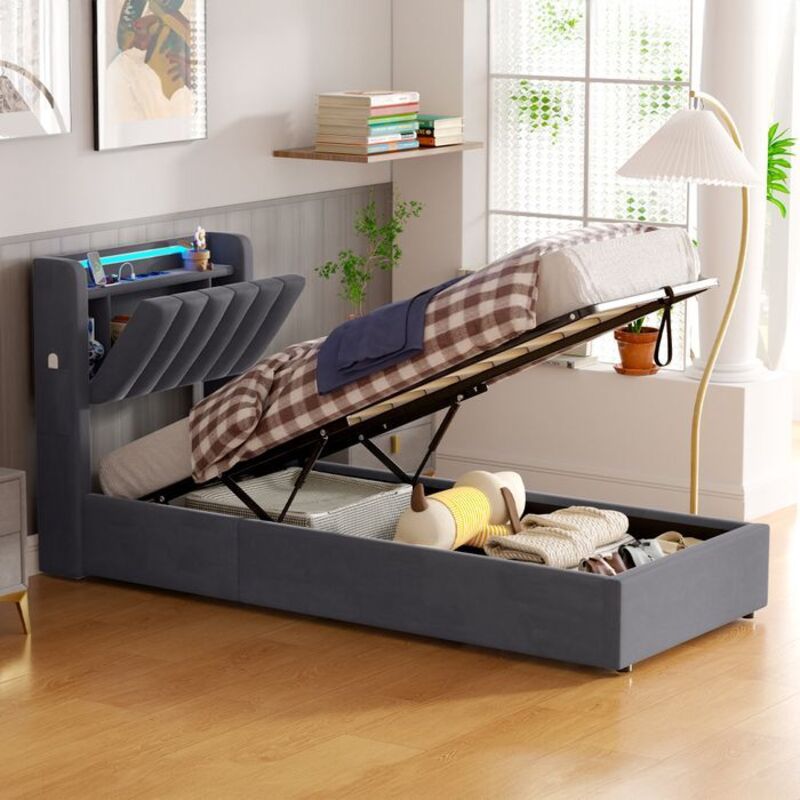 Lit coffre 90x190 cm lit simple avec LED et interface USB, tissu velours, gris foncé convient aux enfants (Sans Matelas)