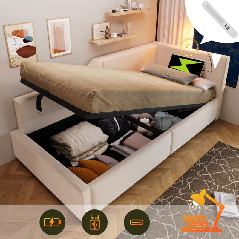 Modernluxe - Lit coffre 90x190cm - Lit banquette en velours - avec liseuse et ports de charge - avec sommier à lattes - Beige