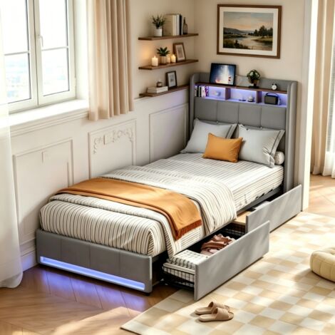 Lit coffre 90x200 avec LED et 2 USB/1 Type C, Lit rembourré 1 Personne avec 2 tiroirs, lit simple, cadre de lit avec tête de lit rangement, gris, lin, Matelas non compris, MDF