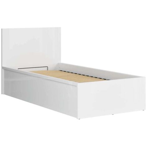 Lit coffre 90x200 avec sommier et rangement, coloris Blanc brillant - Longueur 204,5 x Profondeur 99 x Hauteur 95/40,5 cm