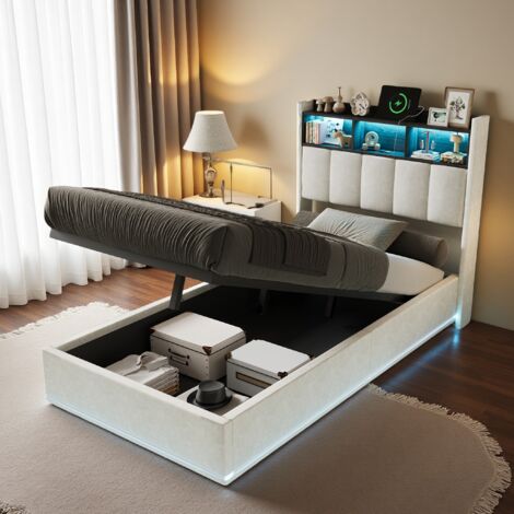 Lit Coffre 90x200 avec Sommier, Lit 1 Place, Lit Hydraulique, Lit Enfant Capitonné avec Multiprise et LED, Tête de Lit avec Rangement, Velour, Blanc