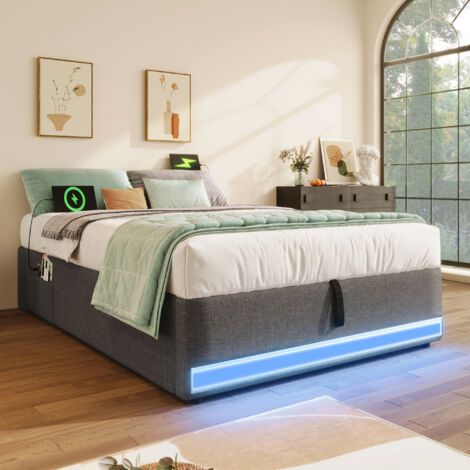 Lit coffre 90x200 cm avec bande lumineuse LED, équipé d'un port USB-C, petite poche de rangement sans tête de lit gris(sans matelas)