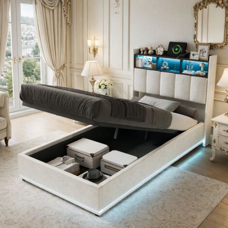 Lit coffre 90x200 cm avec éclairage LED et USB, lit capitonné avec sommier à lattes lit simple avec espace de rangement hydraulique et tete de lits, blanc