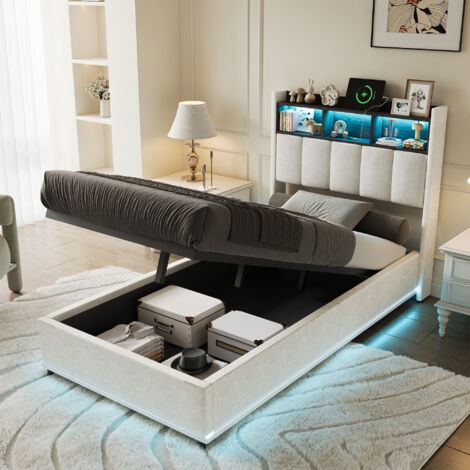 EIFSON Lit coffre 90x200 cm, avec éclairage LED, fonction de charge USB, velours, compartiments de rangement ouverts, sommier à lattes, lit tapissé hydraulique - Blanc