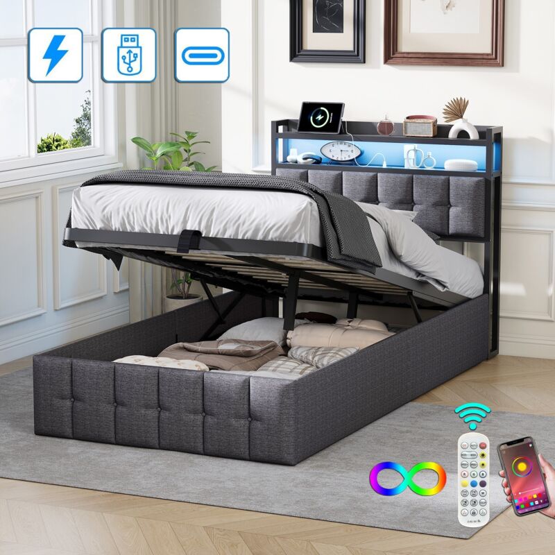 Lit coffre 90x200 cm, avec éclairage LED, USB, système de levage hydraulique, compartiment de rangement, tissu en lin, cadre à lattes - Gris
