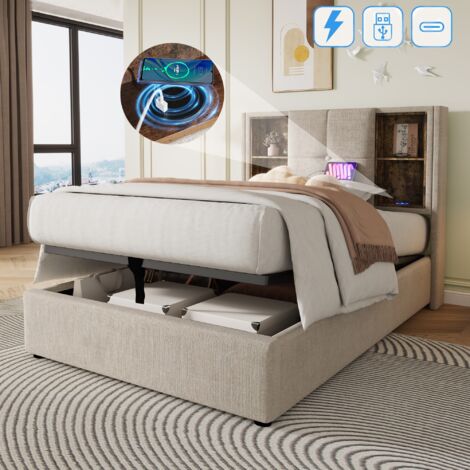 Lit coffre 90x200 cm, avec hydraulique de rangement, sans fil fonction de charge USB, 4 étagères, sommier à lattes, lit capitonné en lin - Beige