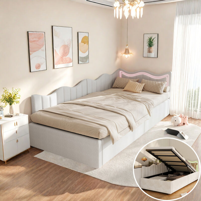 Lit coffre 90x200 cm avec rangement, lit enfant avec sommier à lattes, lit Simple avec LED intégrée, canapé-lit, cadre de lit hydraulique, velours,