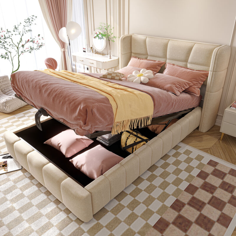 Lit coffre 90x200 cm avec sommier à lattes, cadre en lin, convient aux enfants et aux adolescents beige(sans matelas)