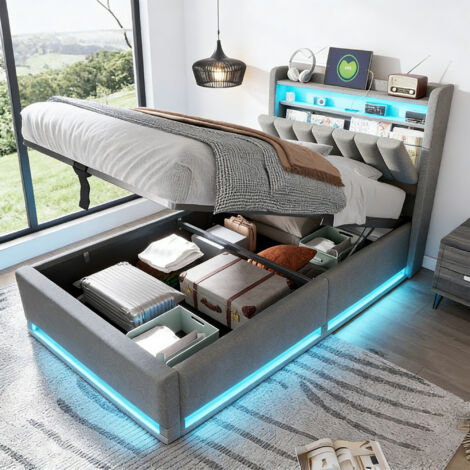 Lit coffre 90x200 cm avec sommier à lattes, lit simple avec éclairage LED RGB, ête de lit avec charge USB et Type-C, rangement de chevet, espace de rangement, lit Une Pace, velours, gris