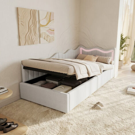 Lit Coffre 90x200 cm, Canapé Lit 1 Place avec Rangement et LED, Canapé Lits Simple Rembourré avec Tête de Lit, Lit Banquette avec Sommier à Lattes, sans Matelas, Blanc