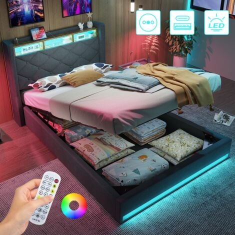 JANZDIYS Lit coffre 90x200 cm en lin gris avec éclairage LED et prise, lit enfant 90x200 avec rangement, cadre de lit 1 place 90 x 200 avec sommier à lattes, gris foncé-sans matelas