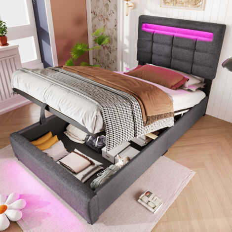 Lit coffre 90x200 cm en lin gris avec LED 16 couleurs (contrôle APP), USB, sommier inclus, rangement hydraulique