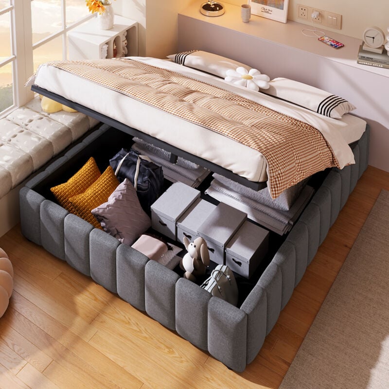 Hauss Spole - Lit coffre 140x200 cm, lit adulte/enfant rembourré, sans tête de lit, sans matelas, lin, gris