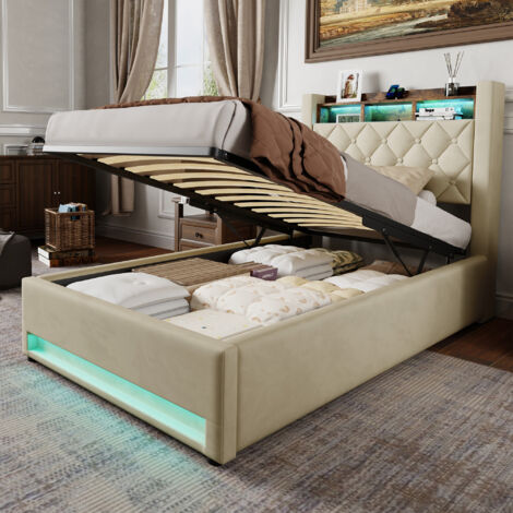 Lit coffre 90x200 cm, lit avec rangement, tête de lit avec 2 prises électriques et 2 ports USB, LED, en velours hollandais beige, sans matelas