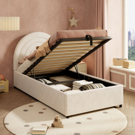 Lit coffre 90x200 cm lit enfant avec sommier à lattes et tête de lit, tissu en velours beige, sans matelas
