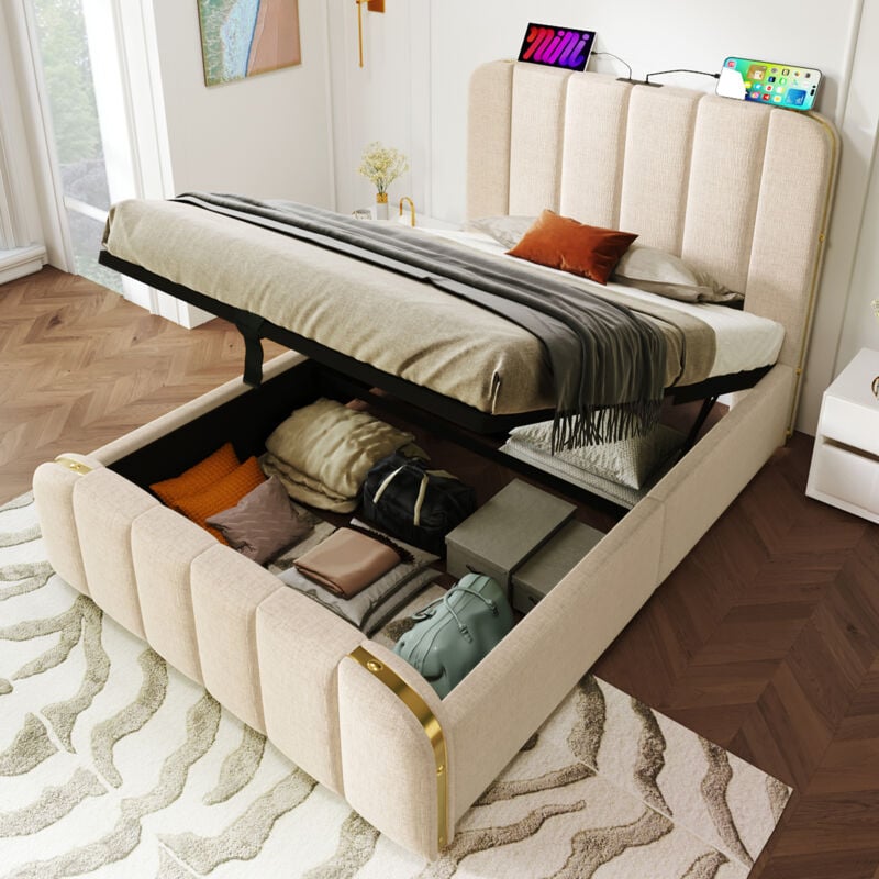 Lit coffre 90x200 cm, lit enfant avec usb, rayures décoratives dorées, lin, lit simple, sans matelas, beige