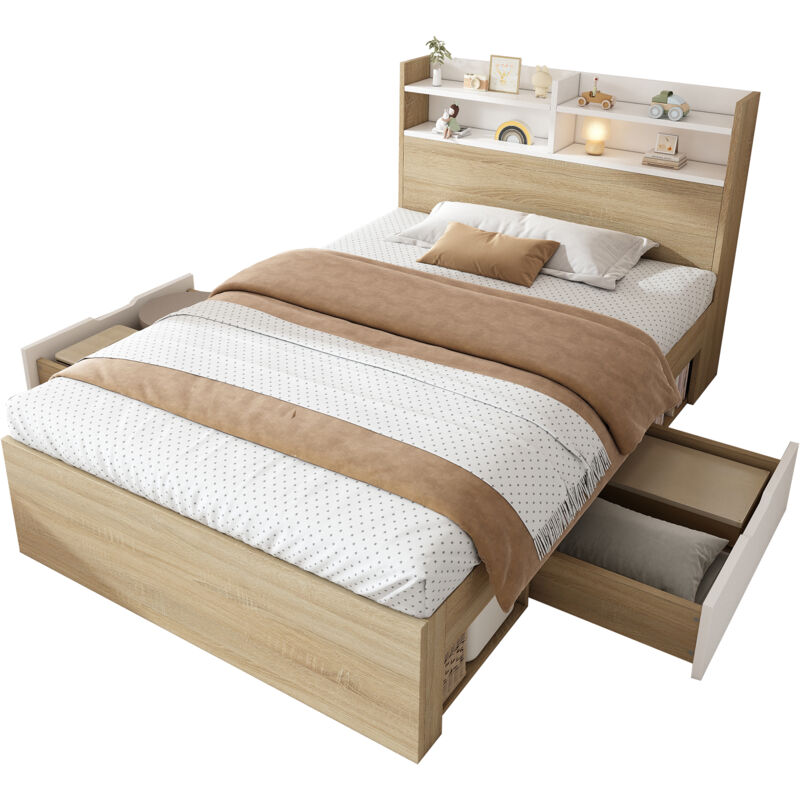 Lit coffre 90x200 cm Lit simple avec rangement - Tête de lit avec niches, 2 tiroirs et étagères - Bois massif - Gain de place - Blanc et Chêne