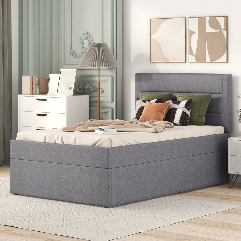 Modernluxe - Lit coffre avec sommier à lattes - 90x200 cm - tissu en lin - Gris