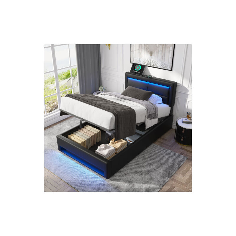 Lit coffre 90x200 cm, lit simple capitonné avec port USB et éclairage LED, Similicuir, noir, sans matelas