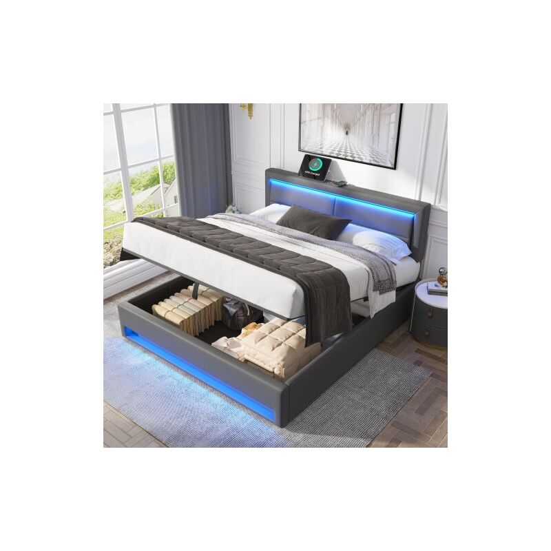 Wishdor - Lit coffre 140x200 cm, lit double capitonné avec port usb et éclairage led, Similicuir, gris, sans matelas