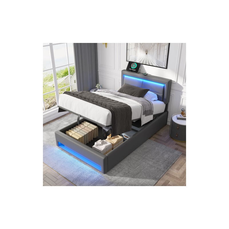 Wishdor - Lit coffre 90x200 cm, lit simple capitonné avec port usb et éclairage led, Similicuir, gris, sans matelas