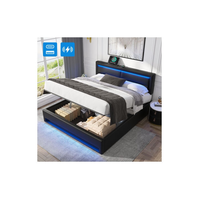 Wishdor - Lit coffre 160x200 cm, lit double capitonné avec port usb et éclairage led, Similicuir, noir, sans matelas