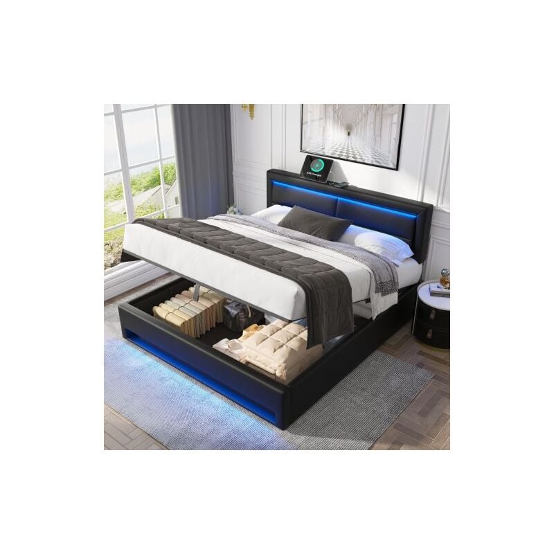 Wishdor - Lit coffre 140x200 cm, lit double capitonné avec port usb et éclairage led, Similicuir, noir, sans matelas