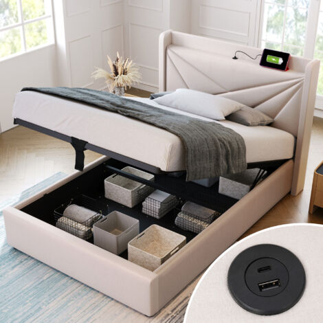 Lit coffre 90x200 cm lit simple rembourré, lit adulte avec tête de lit géométrique et port USB, tissu en coton beige, sans matelas