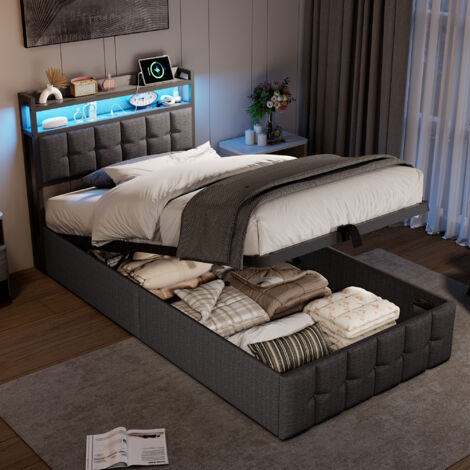 TANANT Lit coffre 90x200, lit simple capitonné - avce LED et USB - Tête de lit ouverte, rangement, sommier lattes - Tissu Lin, Gris