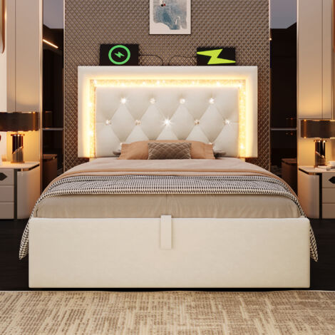 Lit coffre 90x200 velours beige, LED tête de lit diamant, USB/Type-C