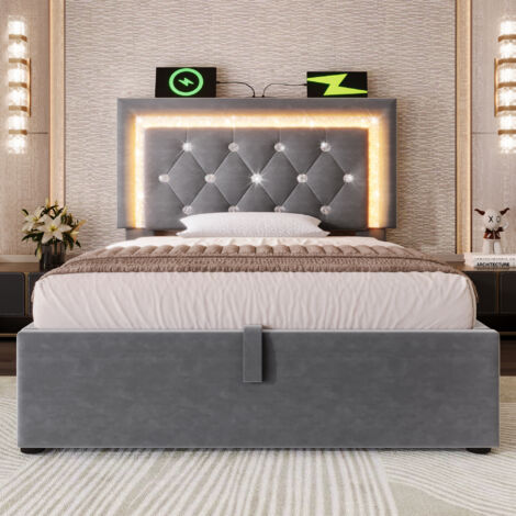 Lit coffre 90x200 velours gris, LED tête de lit diamant, USB/Type-C