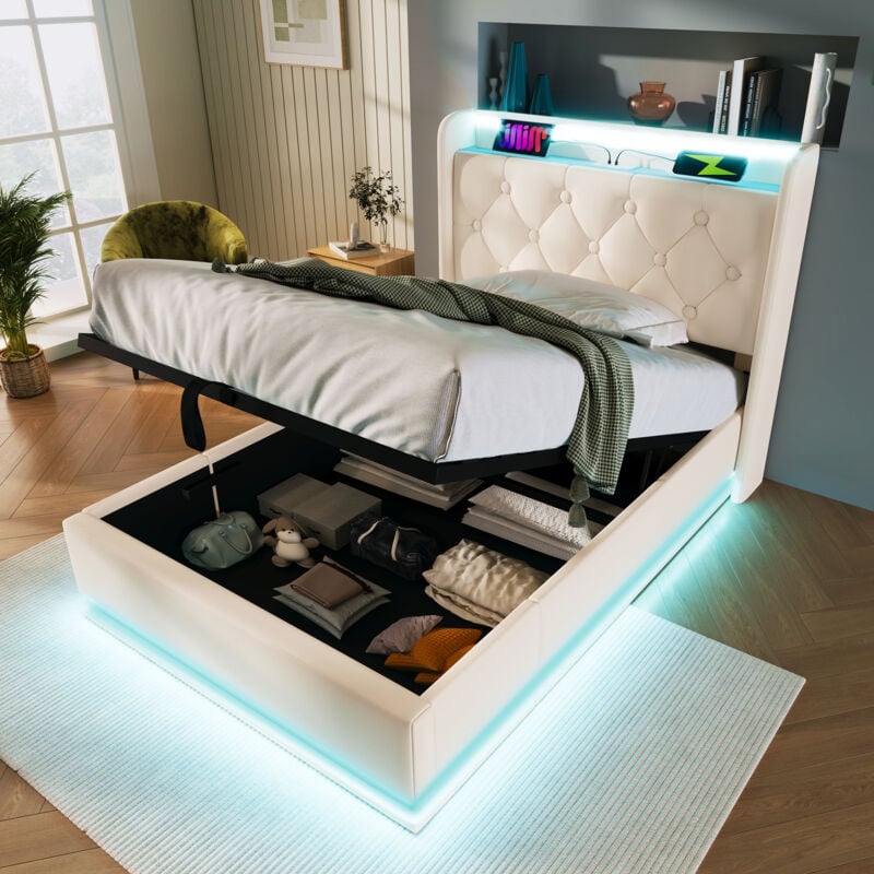 Lit coffre 90x200cm en similicuir - avec LED et prises USB & Type-C - Blanc