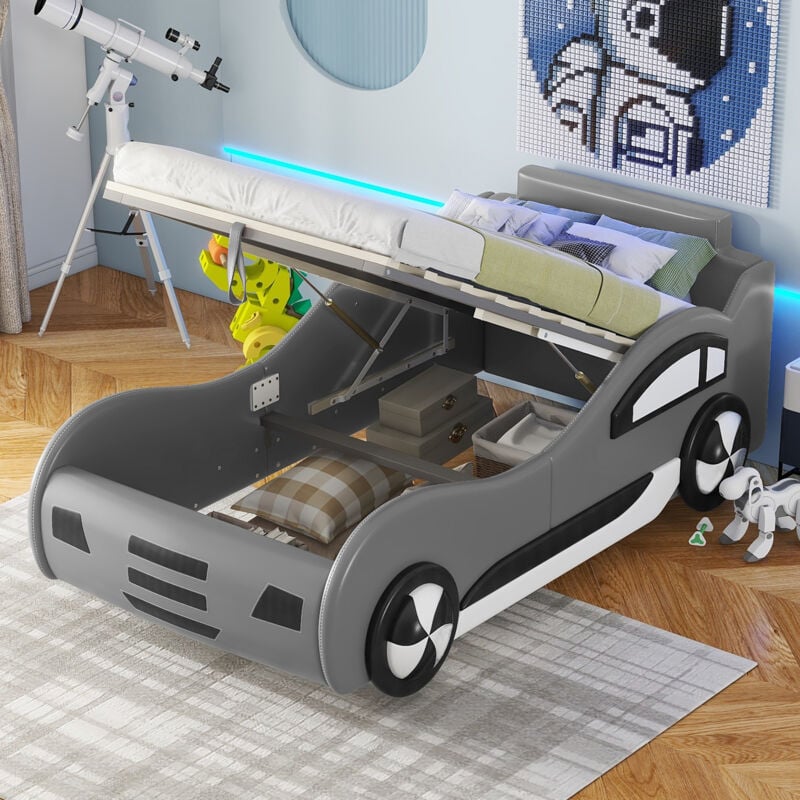 Lit coffre 90x200cm, Lit enfant voiture modèle, avec espace de rangement, PU + MDF, sans matelas, Gris
