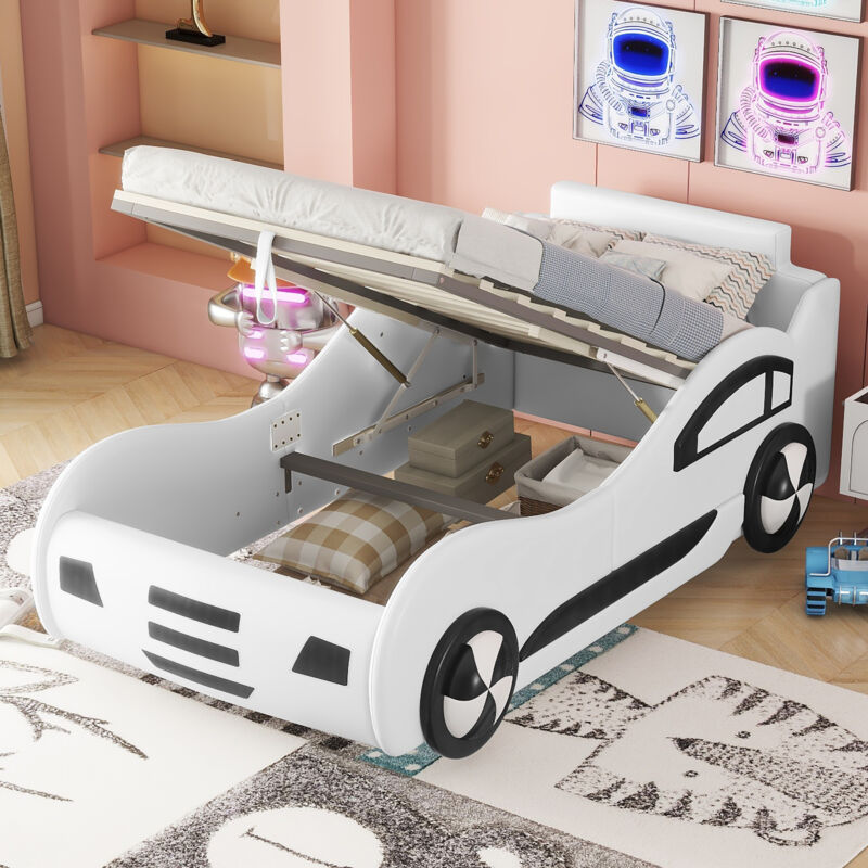 Hauss Spole - Lit coffre 90x200cm, Lit enfant voiture modèle, avec espace de rangement, pu + mdf, sans matelas, Blanc