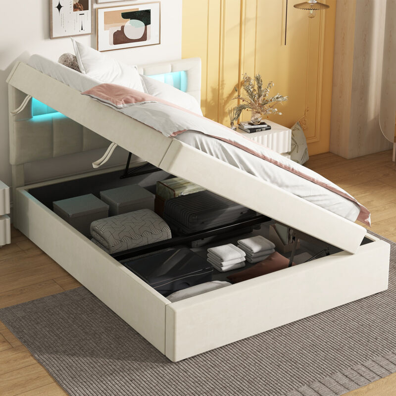 Lit coffre 90x200cm - lit simple avec sommier à lattes et tête de lit réglable led - design minimaliste, velours beige