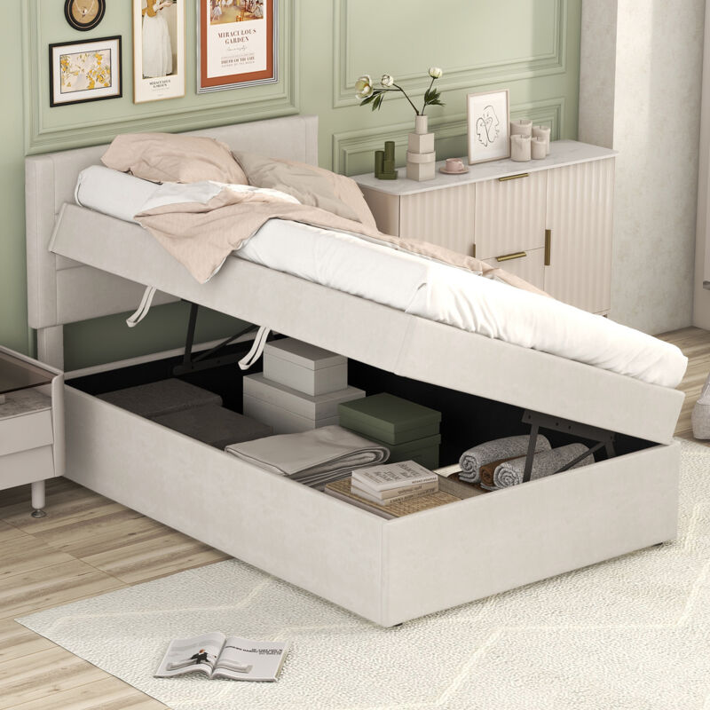 Modfu - Lit coffre 90x200cm, lit simple, mdf + lin, sans matelas, style simple, beige