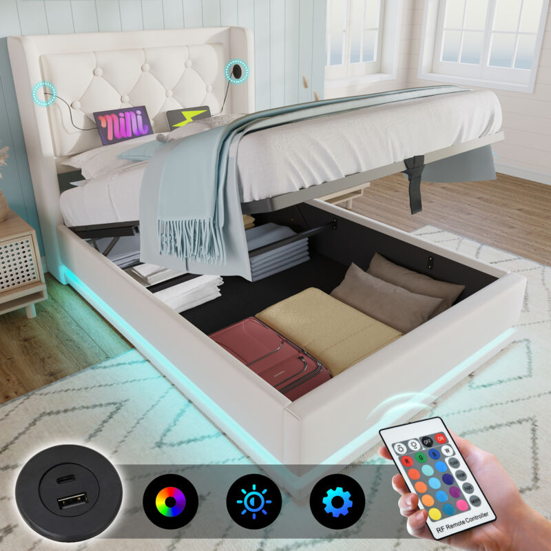 Lit coffre 90x200cm Lit simples pour adultes/enfants, hydrauliques, USB, LED, PU, ​​sans matelas, blanc