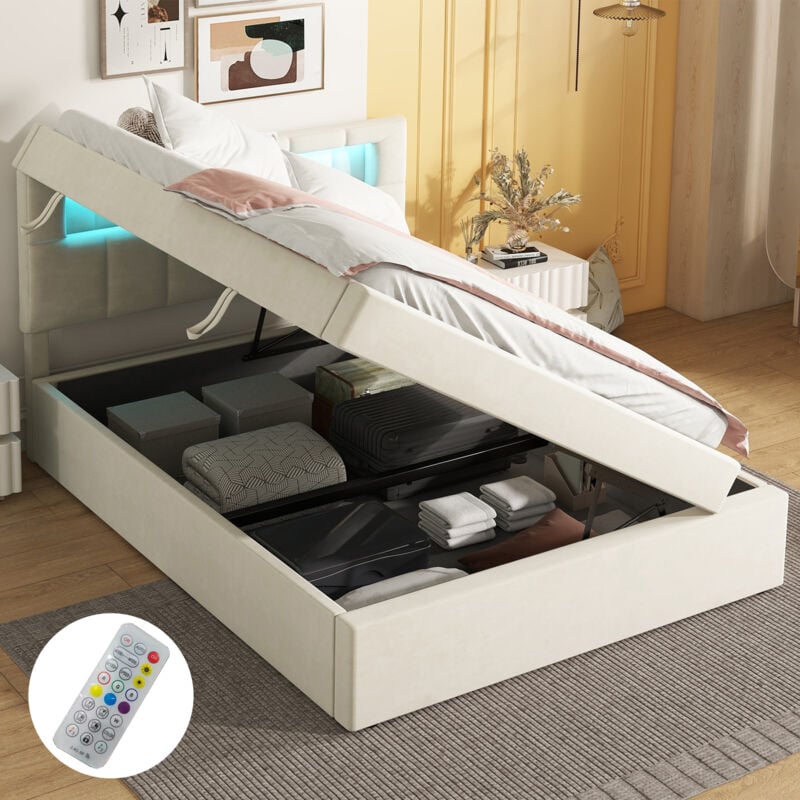 Modfu - Lit coffre 90x200cm, velours, beige, sans matelas, un côté ouvert, lit simple led, lit adulte, style simple