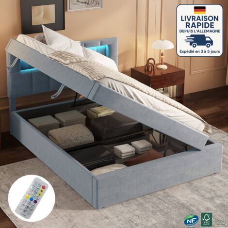Lit coffre 90x200cm, velours, sans matelas, un côté ouvert, lit adulte, lit simple LED, tête de lit réglable en hauteur, gris