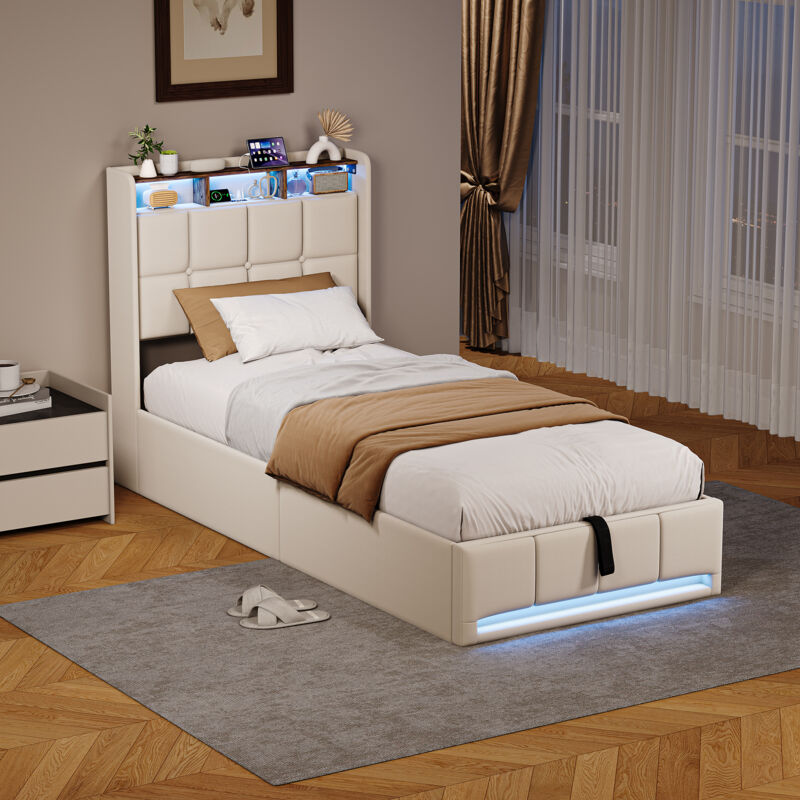 Lit coffre 90x200,lit simple 90x200,avec sommier à lattes,tête de lit