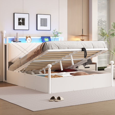 Lit coffre adulte 140x190 cm avec LED, USB/Type-C et rangement hydraulique, baldaquin amovible, métal blanc