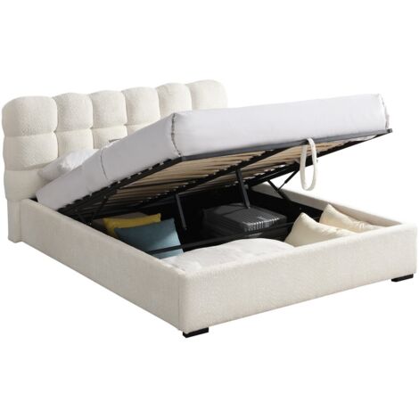 Lit coffre adulte 140x190 cm avec sommier et tête de lit capitonnée en tissu bouclé beige - Lola