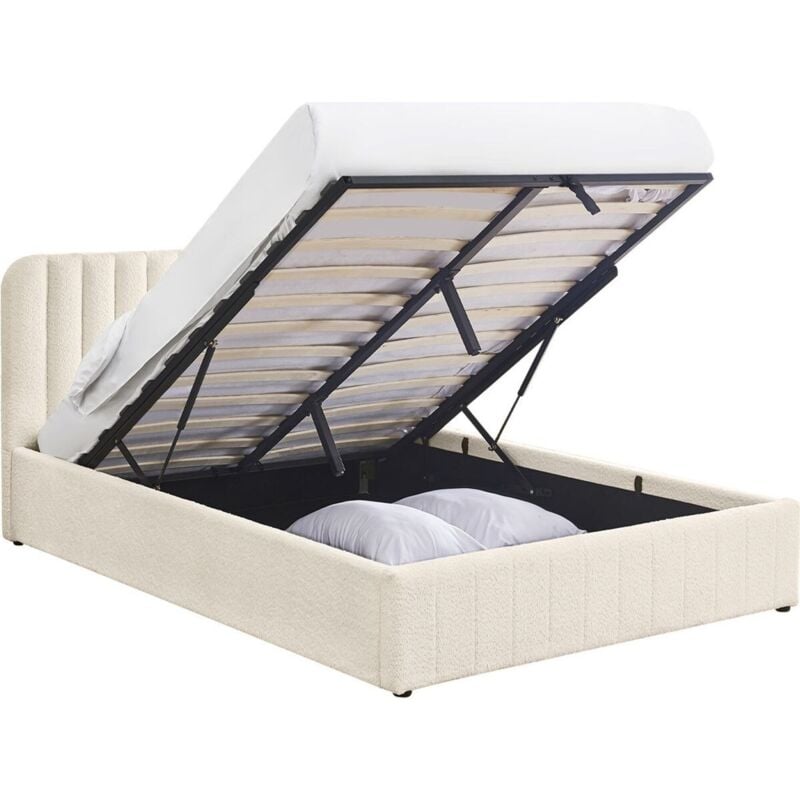 Lit coffre adulte 160x200 cm avec tête de lit capitonnée en tissu bouclé beige - Ava